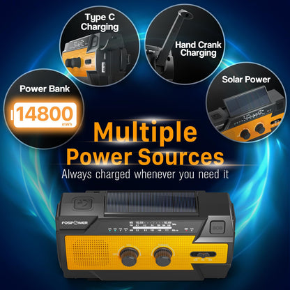 FosPower NOAA Emergency Weather Radio D8 37000mWh Portable Power Bank, AM/FM, USB/Solar/Hand Crank Charging, SOS Alarm & Flashlight for Indoor/Outdoor Emergency - Orange