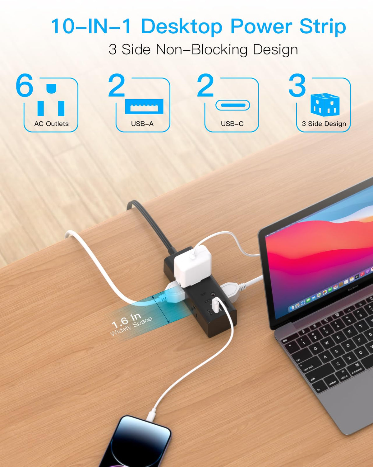 One Beat 5Ft Extension Cord with Multiple Outlets,Flat Plug Power Strip