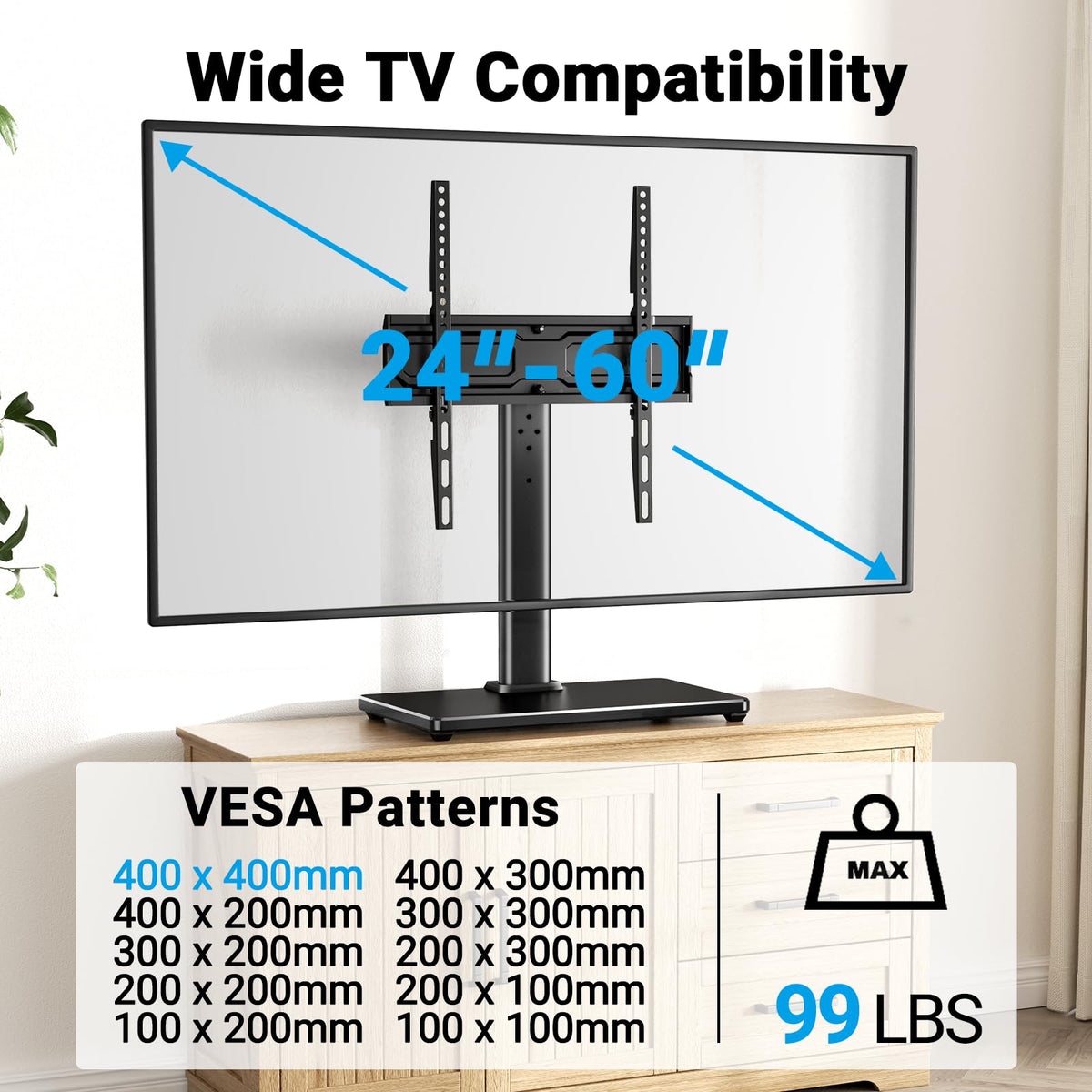 PERLESMITH Universal Swivel TV Stand for 32-75 inch TVs to 99lbs with Legs