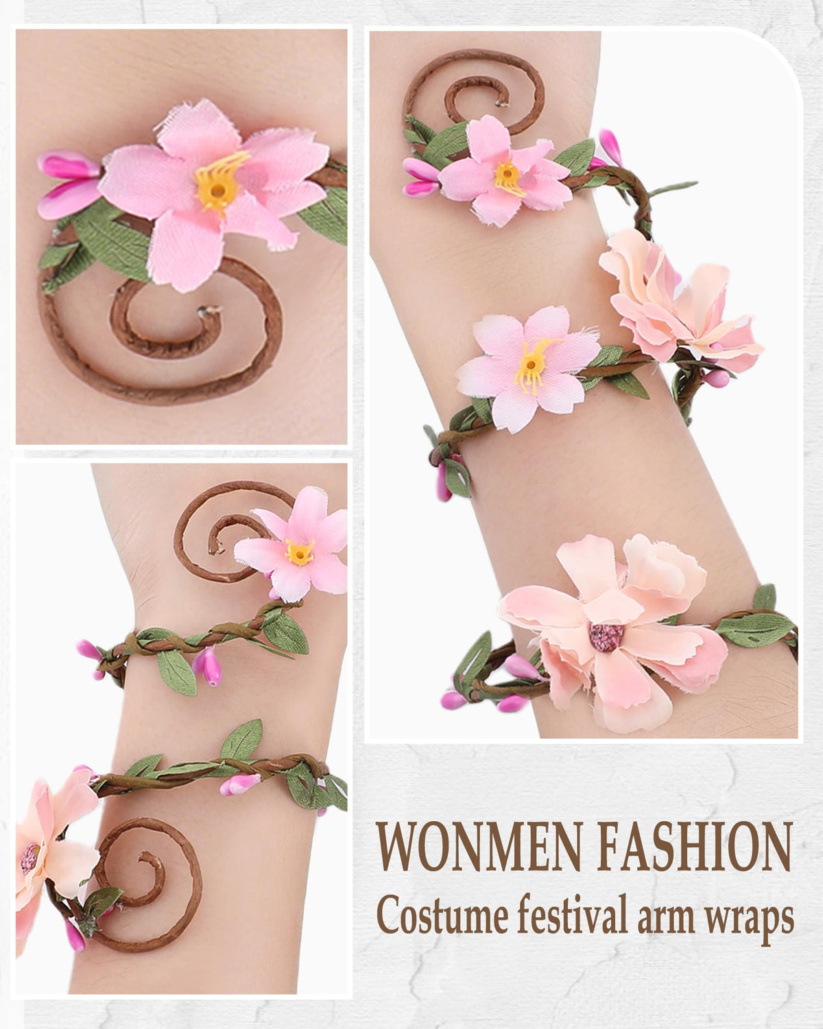 FRESHME Renaissance Costume Flower Arm Wraps - 2 Pcs Fairy Accessories Elf Bracelet with Wrap Ring Woodland Renfaire Outfit