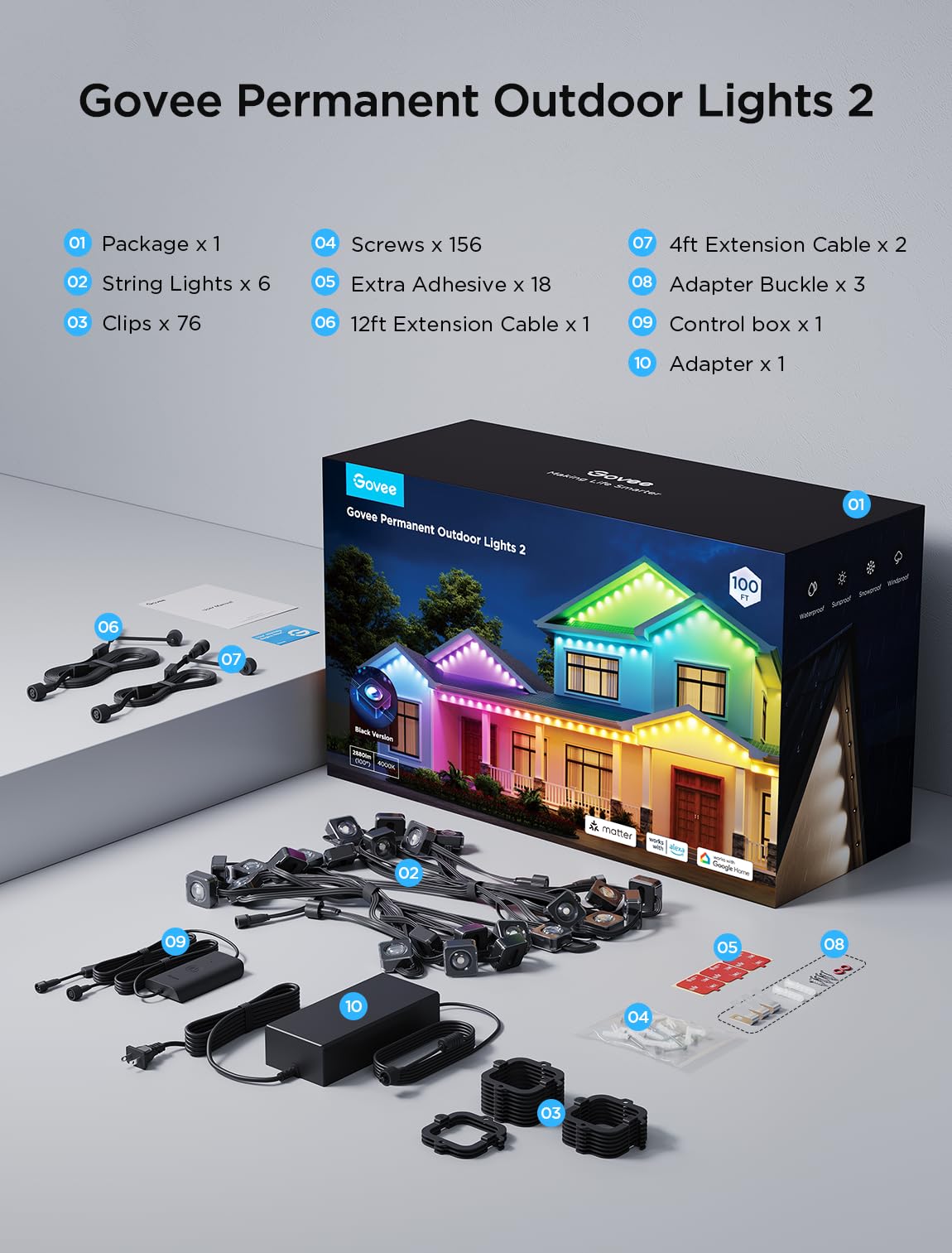Govee Permanent Outdoor Lights 2, 100ft RGBIC Outdoor Lights with 100 Modes