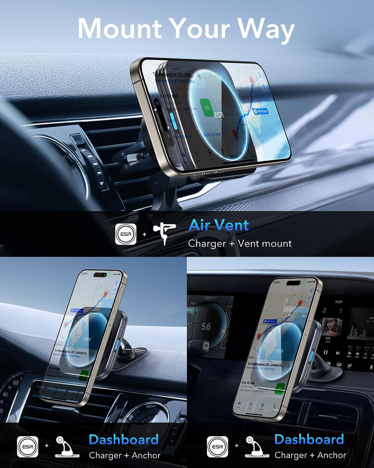 ESR for MagSafe Car Mount Charger for iPhone Duo/18 Pro/17-12, Samsung S26