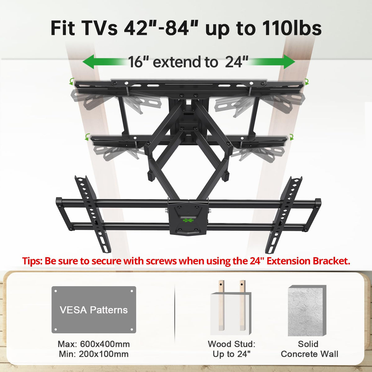 USX Mount Full Motion TV Wall Mount for 42-90 inch TV Holds up to 132lbs
