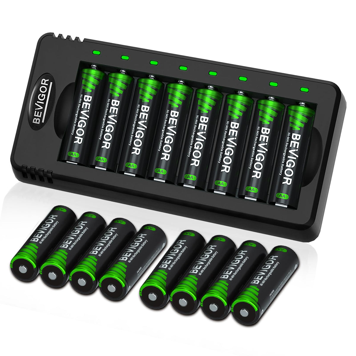 BEVIGOR 8 Pcs 2800mAh AA Rechargeable Batteries with 8 Slot LED Smart Battery Charger Set, Type C Fast Charging for Ni-MH/Ni-CD Rechargeable Batteries