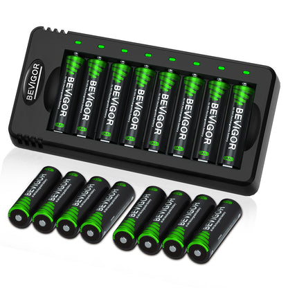 BEVIGOR 8 Pcs 2800mAh AA Rechargeable Batteries with 8 Slot LED Smart Battery Charger Set, Type C Fast Charging for Ni-MH/Ni-CD Rechargeable Batteries