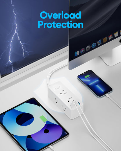 Flat Plug Power Strip with 10 FT Extension Cord, 6 Outlets 3 USB Ports(1 USB C), 3 Sided Outlet Extender for Home Office Travel Dorm Room Essentials, White