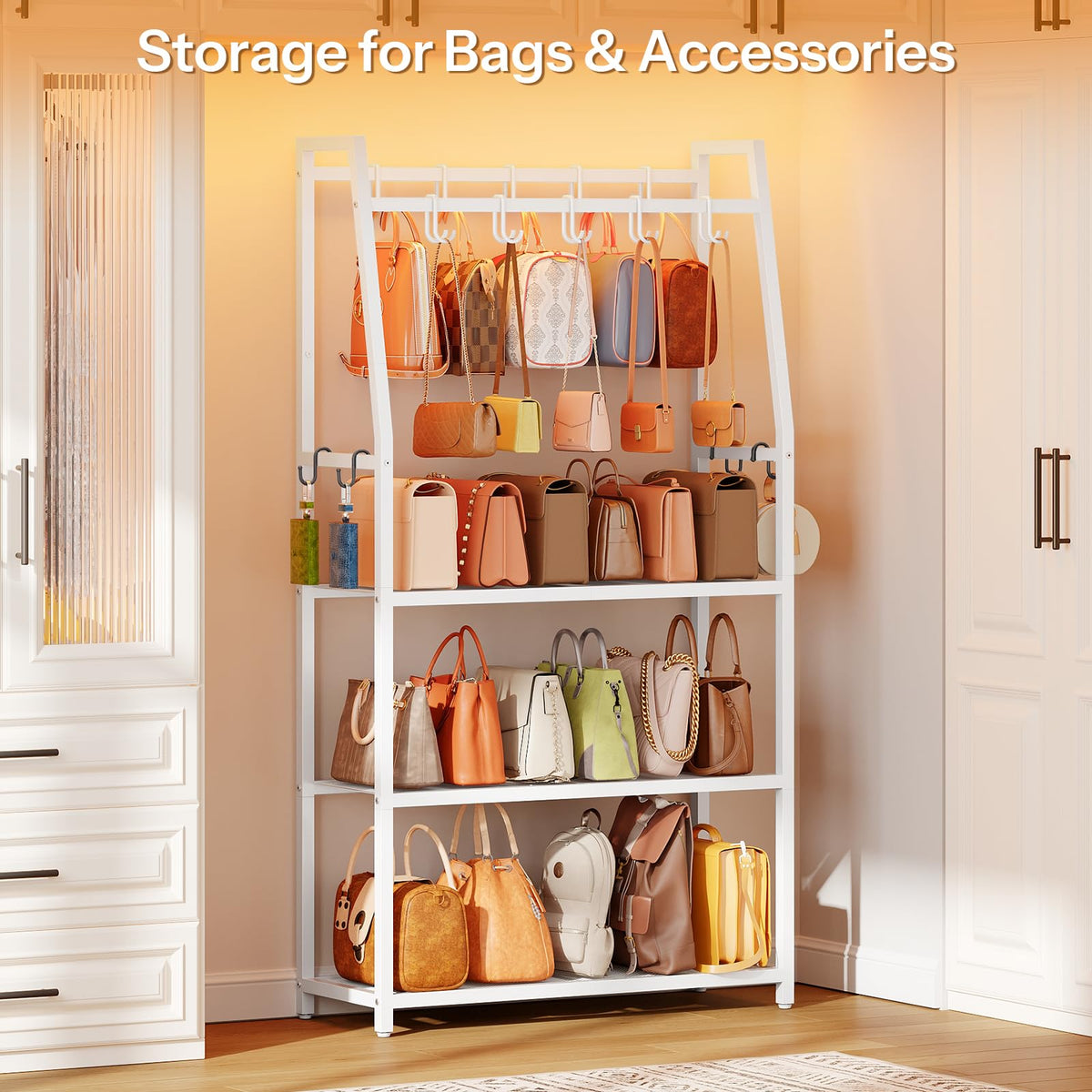 HOOBRO 3-Tier Purse Organizer for Closet, Purse Rack Stand with 14 Hooks