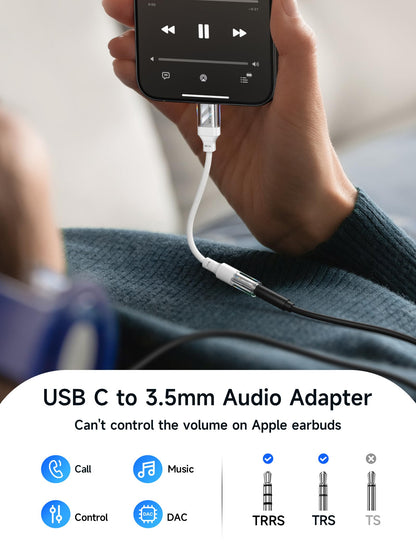JSAUX 2 Pack USB C to 3.5mm Audio Adapter, Smart DAC Headset Dongle, Black