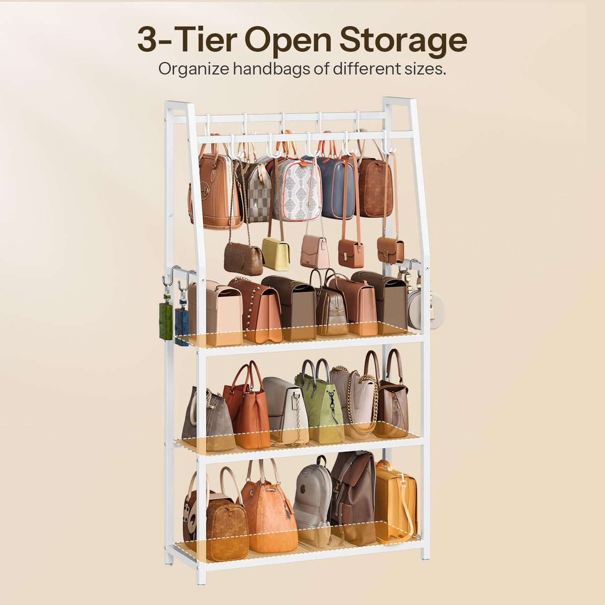 HOOBRO 3-Tier Purse Organizer for Closet, Purse Rack Stand with 14 Hooks