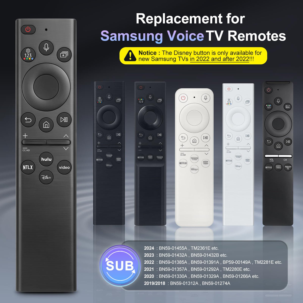 Replacement for Samsung TV Remote, for All 2018-2024 Samsung Remote Control for Smart TV with Voice Control. No Solarcell. 2-Year Warranty.