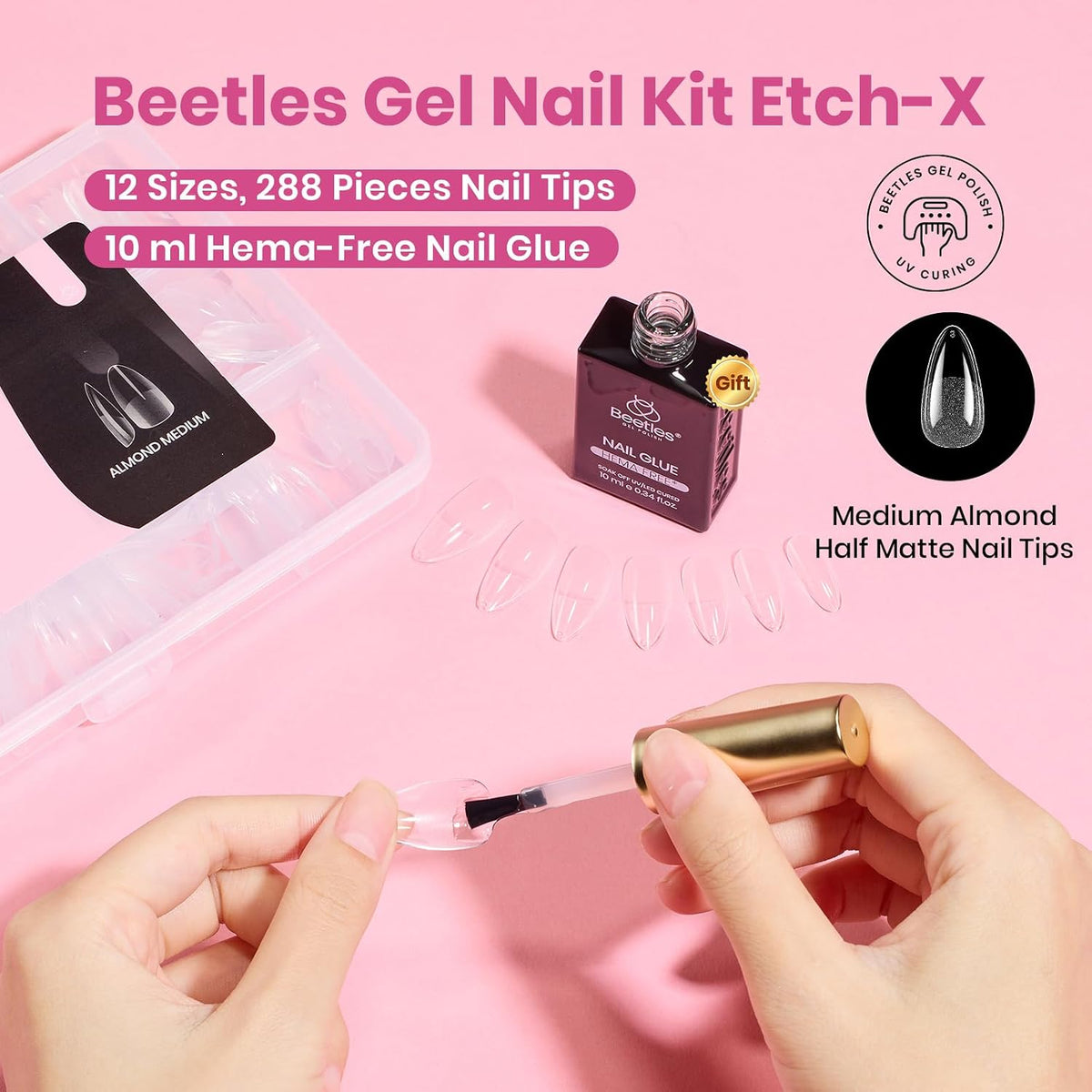 Beetles Soft Gel Nail Kit Almond Short 288pcs 12 Sizes Nail Tips with Glue