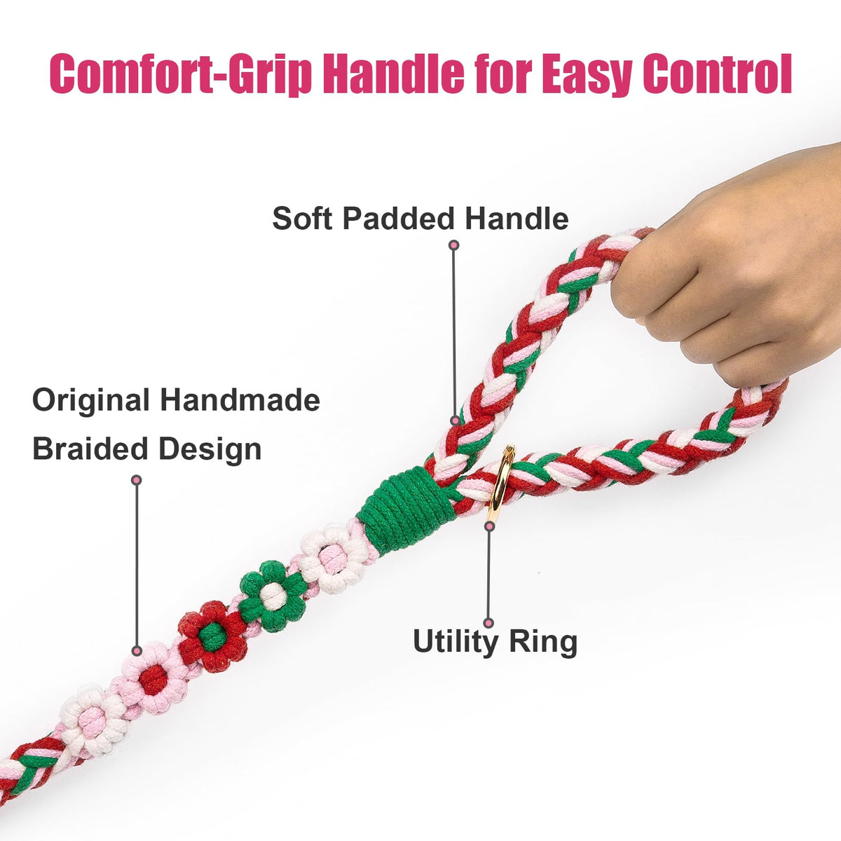 5FT Braided Cotton Rope Leash for Small, Medium and Large Dogs, Red & White Twist