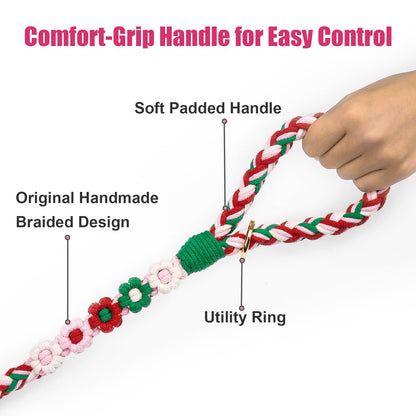 5FT Braided Cotton Rope Leash for Small, Medium and Large Dogs, Red & White Twist