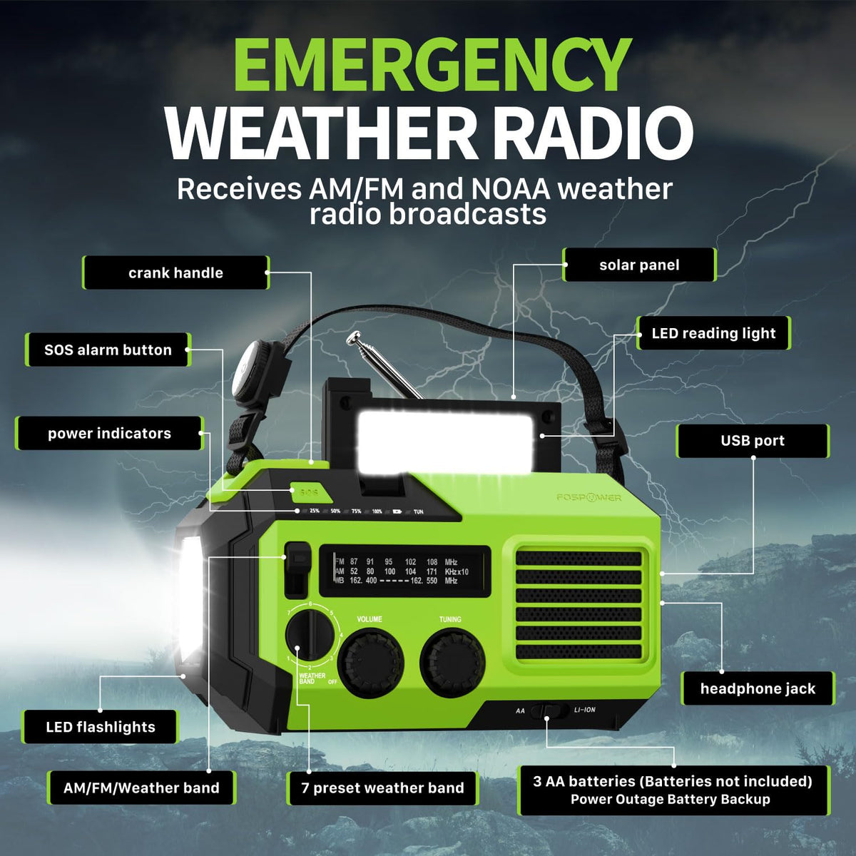 FosPower NOAA Emergency Weather Radio D8 37000mWh Portable Power Bank, AM/FM, USB/Solar/Hand Crank Charging, SOS Alarm & Flashlight for Indoor/Outdoor Emergency - Orange