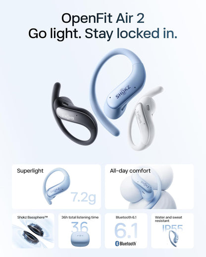 SHOKZ OpenFit Air 2, Open Earbuds, Black, Water Resistant, Secure Earhooks