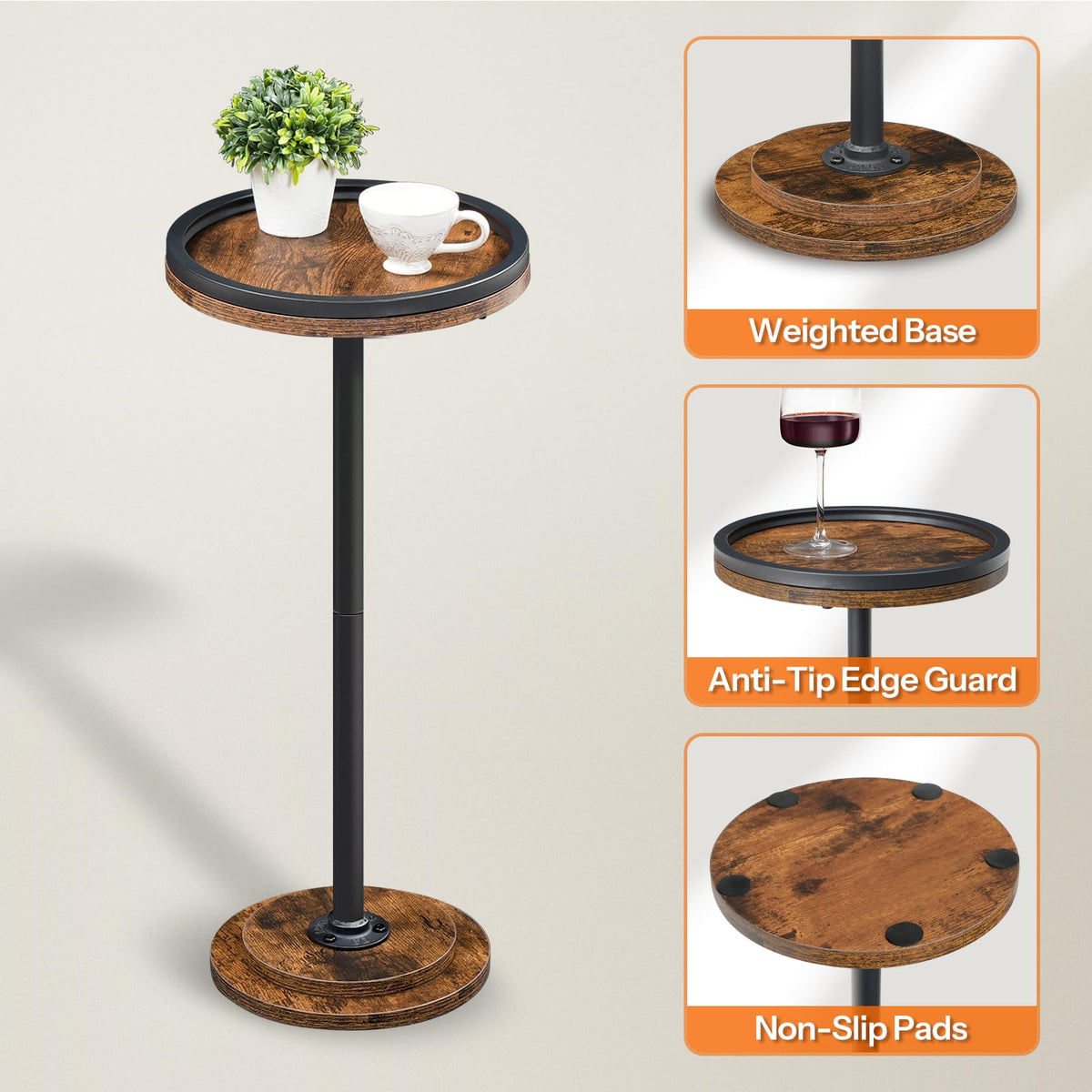 HOOBRO Small Round Side Table, Drink Table, Coffee Martini Table with Pedestal Accent for Small Spaces in Living Room, Bedroom, Sofa Couch, Rustic Brown BF168BZ01