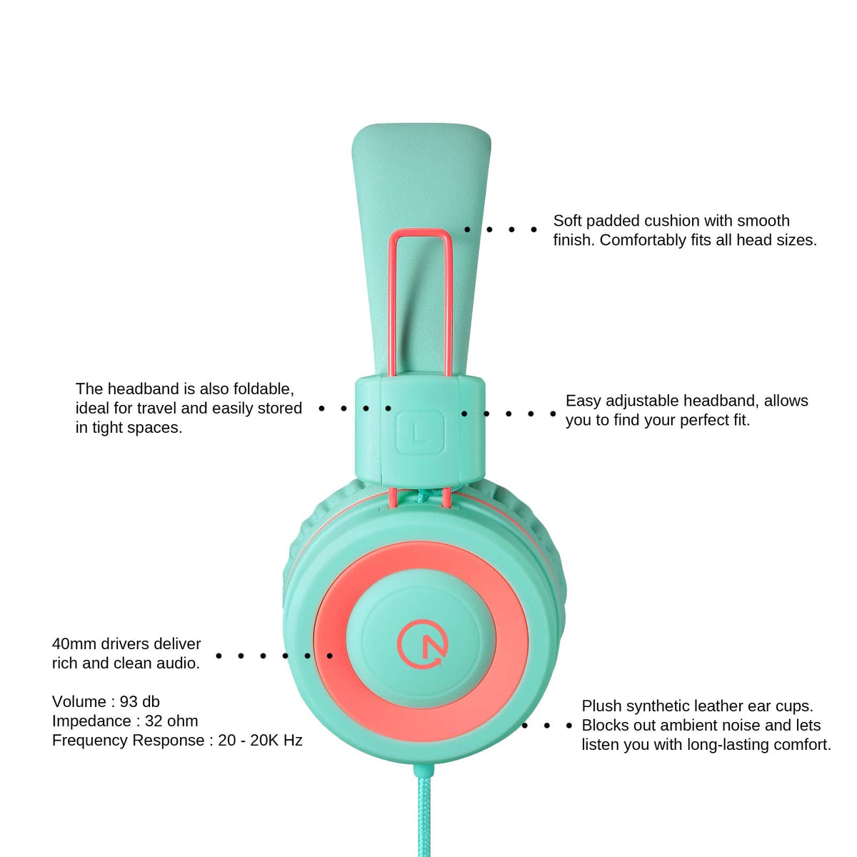 noot products K11 Kids Headphones with Wired Cord 3.5mm Jack Navy/Teal