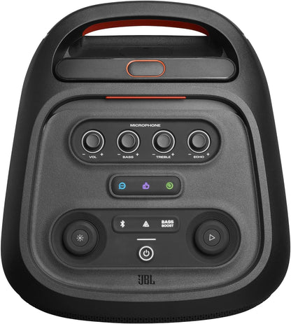 JBL PartyBox Stage 320 - Portable Party Speaker with Telescopic Handle & Wide, Sturdy Wheels, Powerful JBL Pro Sound, Futuristic lightshow, Up to 18 Hours of Play time, Splash Proof (Black)