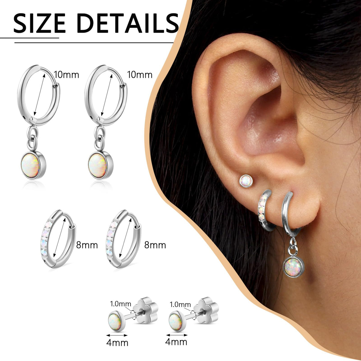 1Pair 316L Surgical Steel Opal Small Hoop Earrings for Women Hypoallergenic Medical Grade Lightweight For Cartilage Helix Daith Tragus Lobe Piercing Jewelry