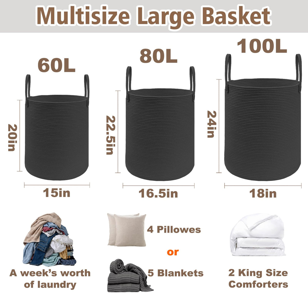 JMvicyroam 80L Nursery Hamper, Cotton Rope Laundry Basket, Brown&Black