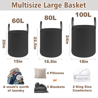 JMvicyroam 80L Nursery Hamper, Cotton Rope Laundry Basket, Brown&Black