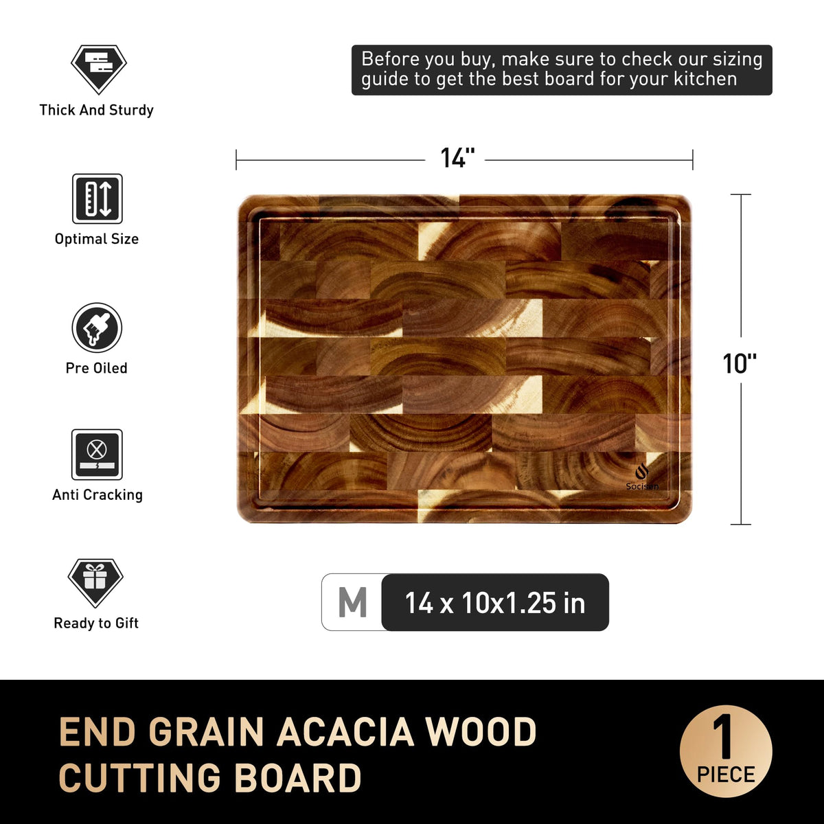 End Grain Cutting Board for Kitchen with Non-slip Feet, Acacia Wood