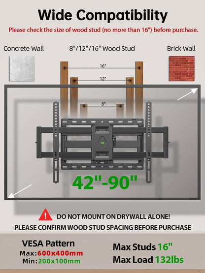 USX Mount Full Motion TV Wall Mount for 42-90 inch TV Holds up to 132lbs
