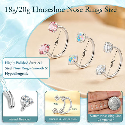 Horseshoe Nose Ring 20g 18g Gold Silver Opal CZ Double Gem Nose Rings Studs for Women Men 7mm 8mm Hypoallergenic Hoop Earrings Cartilage Helix Tragus Nostril Septum Daith Piercing Jewelry