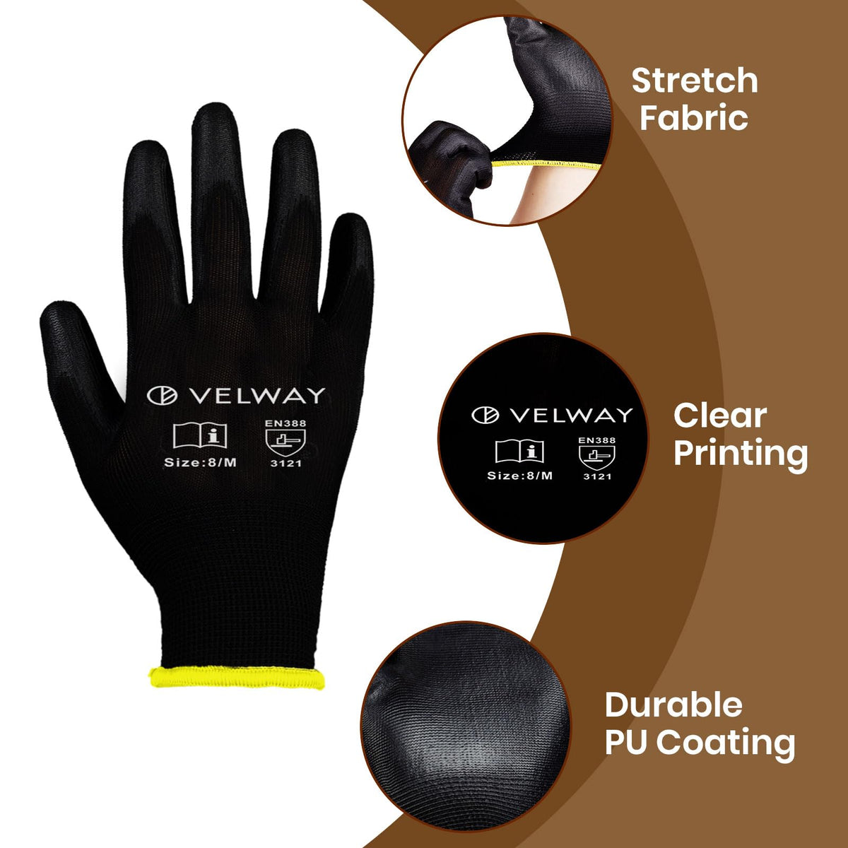 Velway 12 Pairs Work Gloves PU Coated for Men Women, Red, Size 9/L