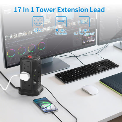 HAFINO Tower Extension Lead with USB Slots, PD18W USB C Fast Charger, 1.8M