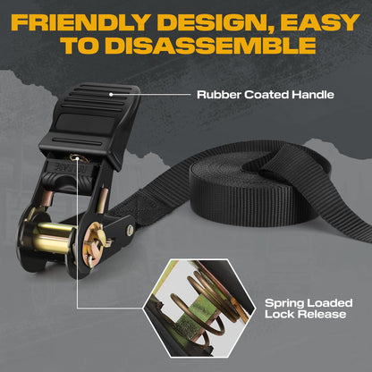 Ratchet Straps with Hook, 6M x 25MM, Heavy Duty, 4 Pack/Black