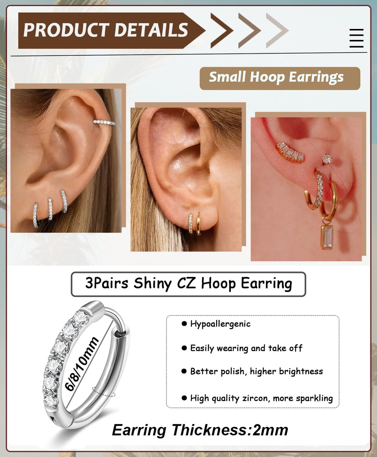 CZ Huggie Hoop Earrings, Stainless Steel Small Hoop Earrings