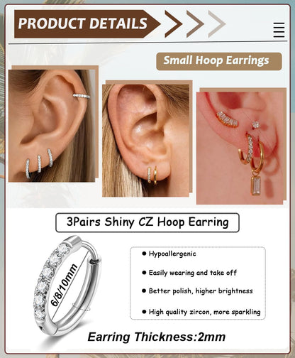 CZ Huggie Hoop Earrings, Stainless Steel Small Hoop Earrings