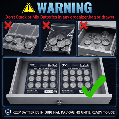 POWEROWL 12 PCS CR2032 DL2032 E-CR2032 Batteries, Child safety packaging