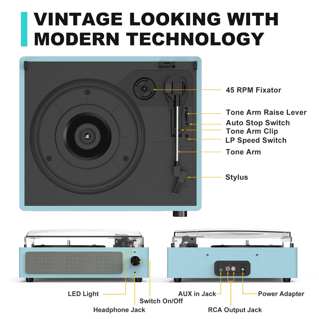 Seasonlife® Record Player for Vinyl Turntable with Speakers,Pale Purple