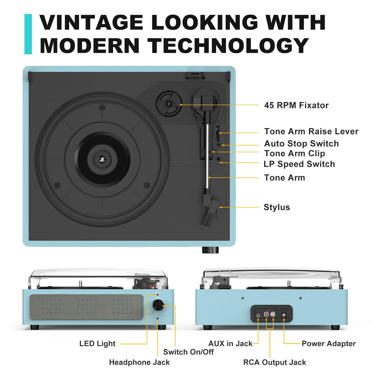 Seasonlife® Record Player for Vinyl Turntable with Speakers,Pale Purple