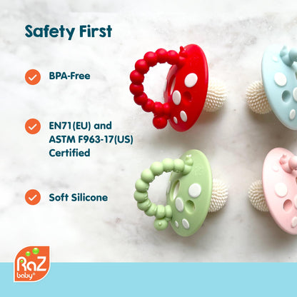 RaZbaby Soft Silicone Infant & Baby 3M+ Teether Toy Massaging Bristles Teething Relief Pacifier - Soothes Sore Gums - Hands-Free & Easy-to-Hold Chompy Teether, BPA Free (RED/Blue)