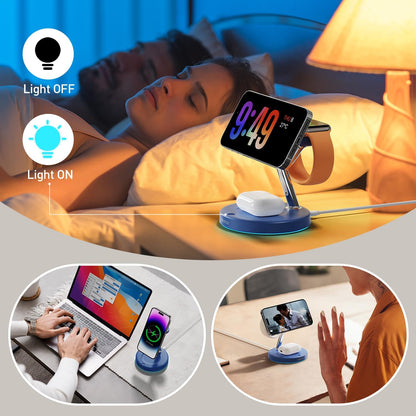 【Adjustable Blue Ambient Light】 Wireless Charger 3 in 1 for iPhone, Magnetic Charging Station for Apple Family,15W Fast MagSafe Charger Stand,for iPhone17-12-iWatch AirPods Series