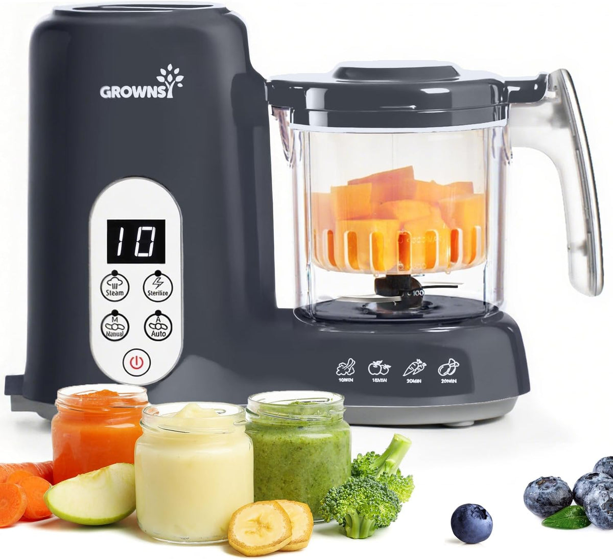 Grownsy Baby Food Maker, Steamer & Blender Baby Food Processor, Dark Grey