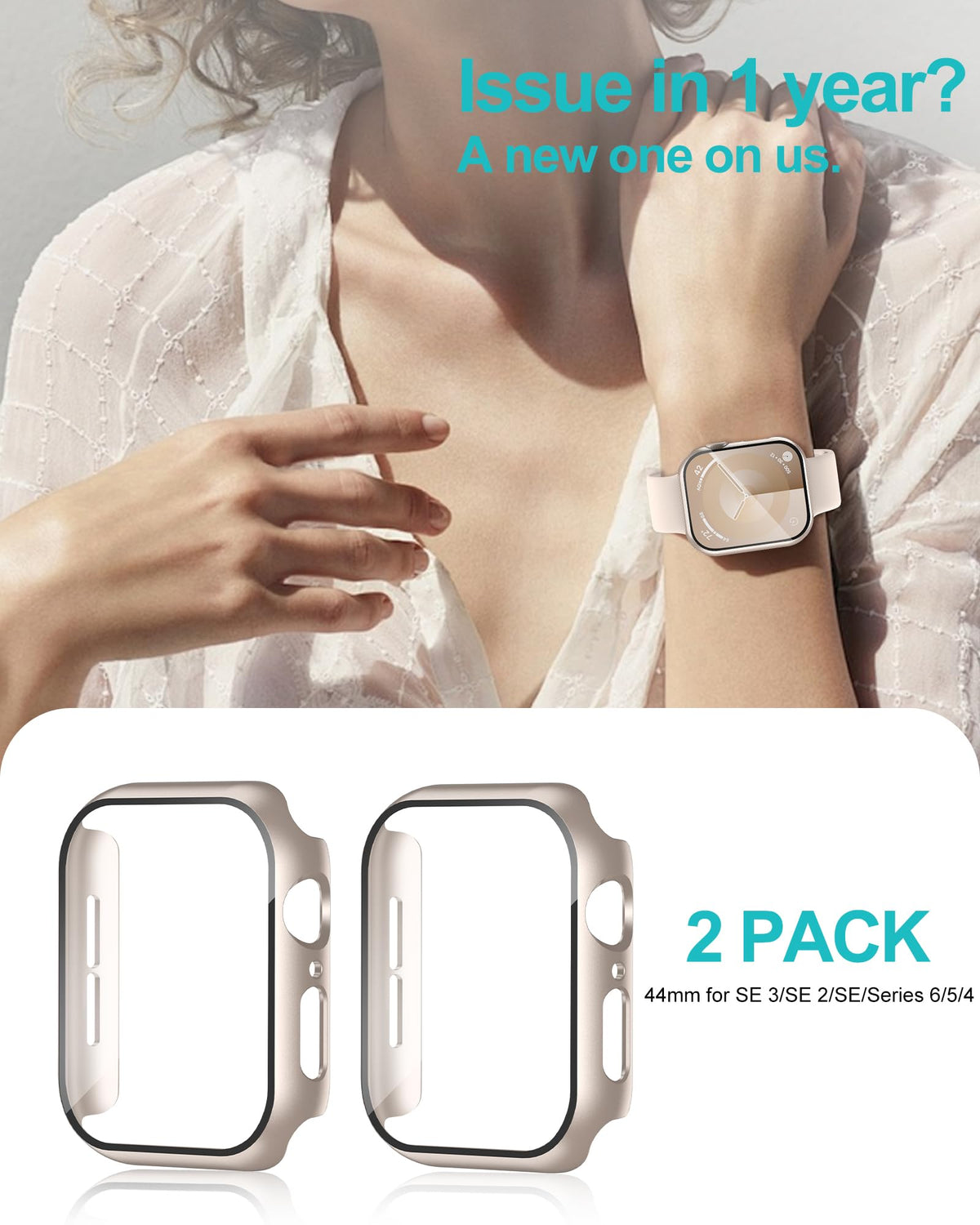 Smiling 2 Pack Case Compatible with Apple Watch Series 9 (2023)/Series 8 /Series 7 45mm with Tempered Glass Screen Protector, Hard PC Case Overall Protective Cover- Starlight