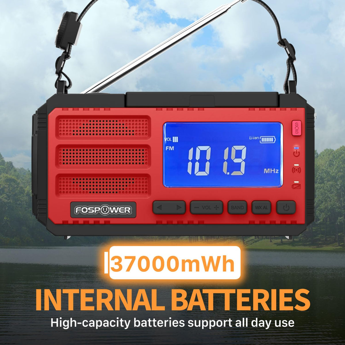 FosPower NOAA Emergency Weather Radio D8 37000mWh Portable Power Bank, AM/FM, USB/Solar/Hand Crank Charging, SOS Alarm & Flashlight for Indoor/Outdoor Emergency - Orange