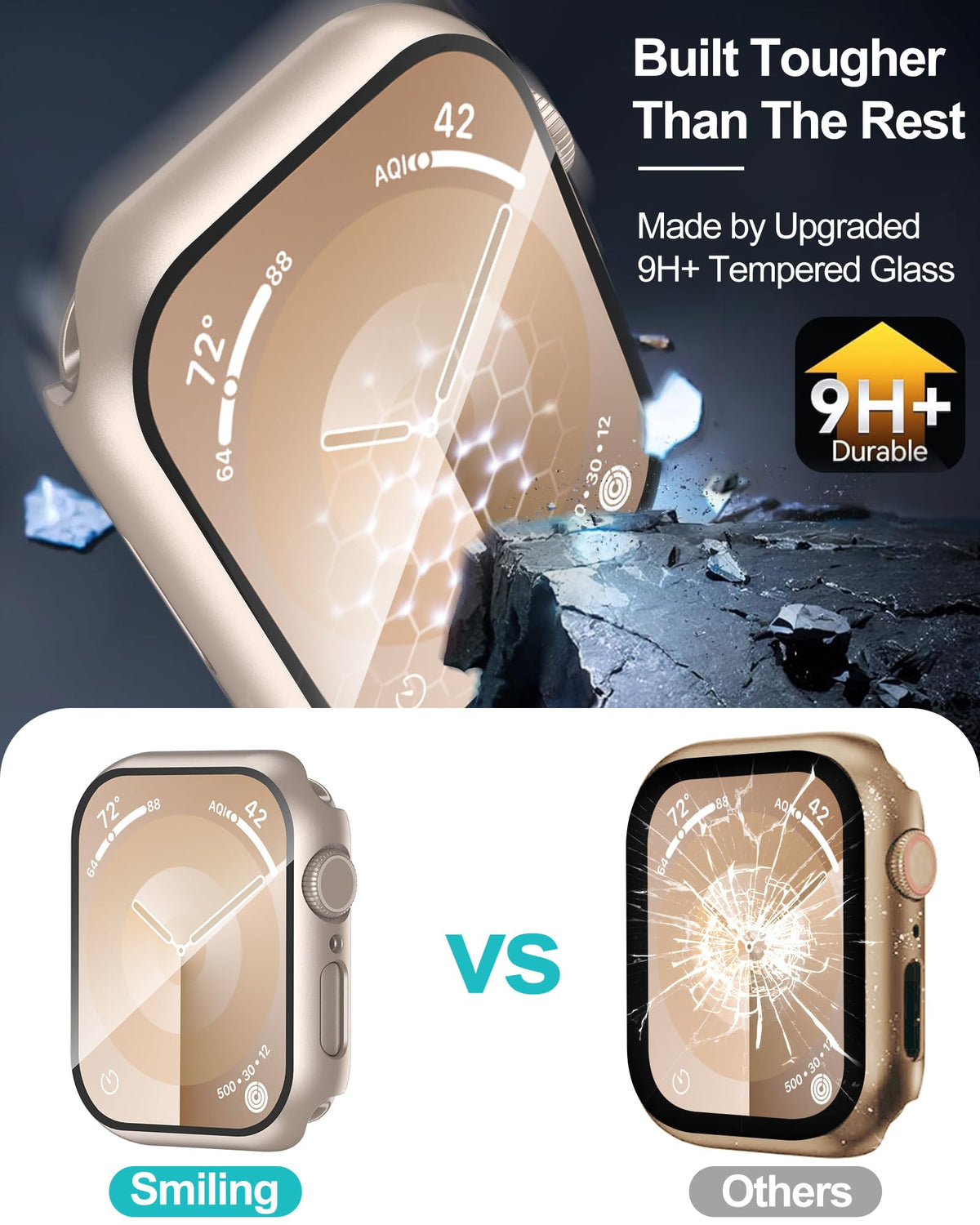 Smiling 2 Pack Case Compatible with Apple Watch Series 9 (2023)/Series 8 /Series 7 45mm with Tempered Glass Screen Protector, Hard PC Case Overall Protective Cover- Starlight
