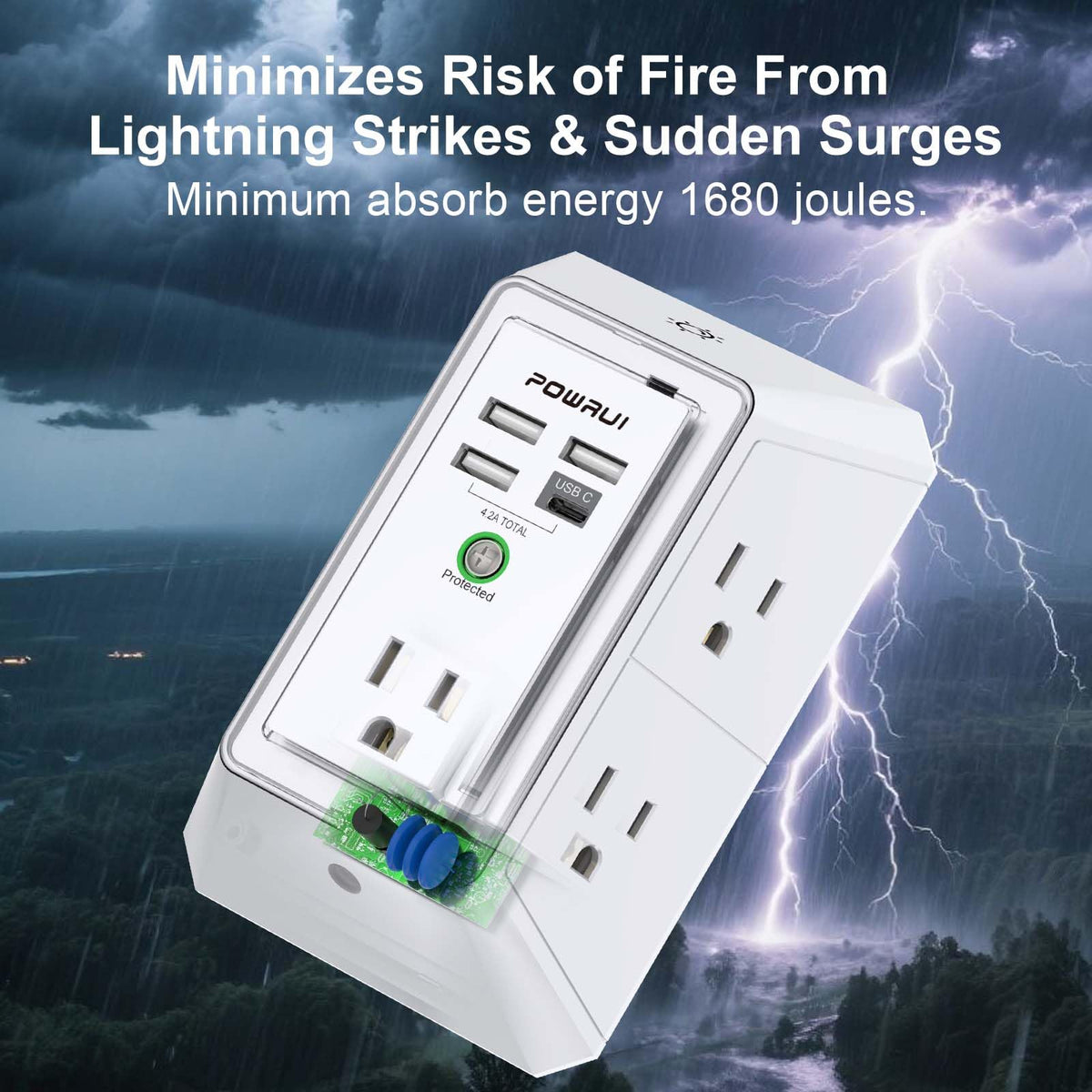 Multi Plug Wall Outlet Night Light, POWRUI 6 Outlet Extender & 3 USB Ports