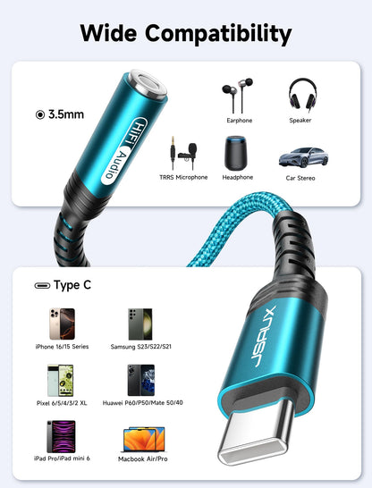 JSAUX 2 Pack USB C to 3.5mm Audio Adapter, Smart DAC Headset Dongle, Black