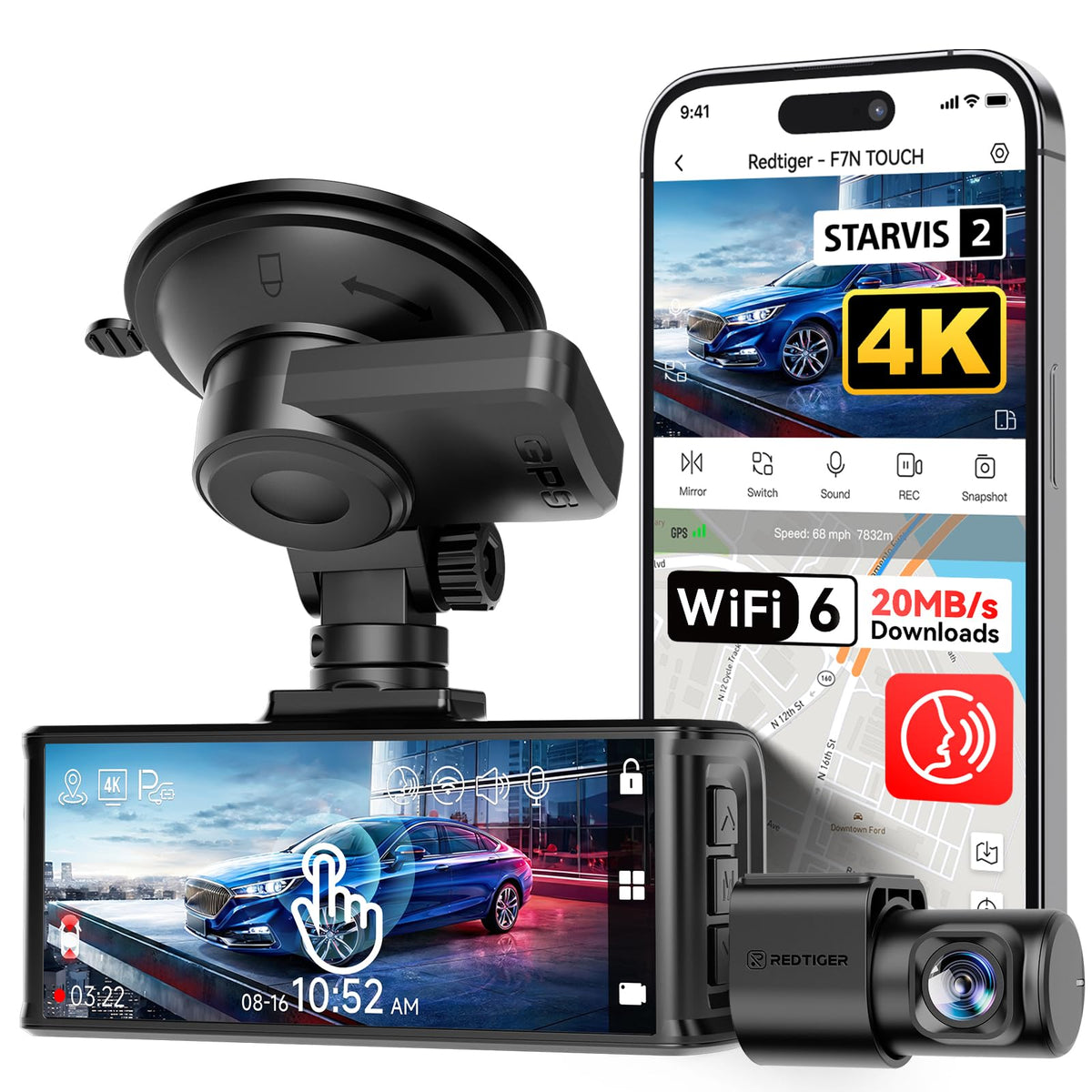 REDTIGER 4K STARVIS 2 Dashcam Front Rear, 5GHz WiFi 20MB/s, Free 128GB Card