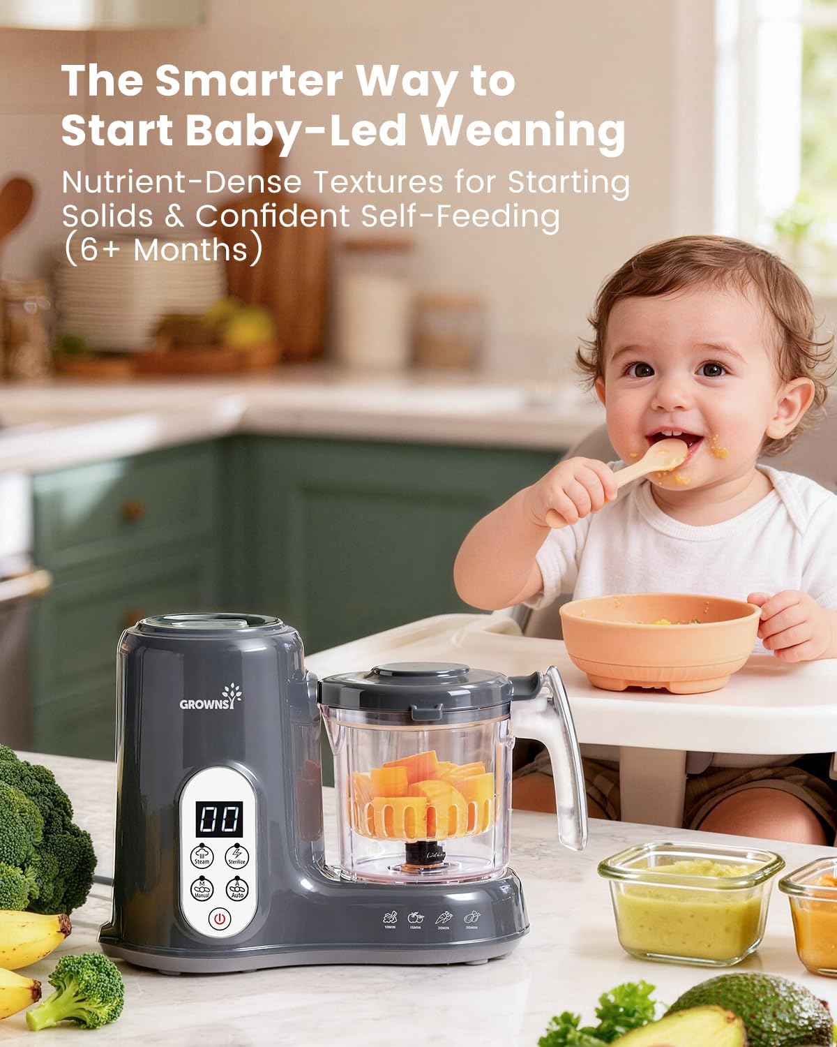 Grownsy Baby Food Maker, Steamer & Blender Baby Food Processor, Dark Grey