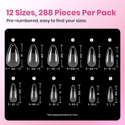 Beetles Soft Gel Nail Kit Almond Short 288pcs 12 Sizes Nail Tips with Glue