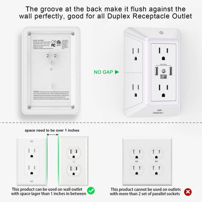 Multi Plug Wall Outlet Night Light, POWRUI 6 Outlet Extender & 3 USB Ports