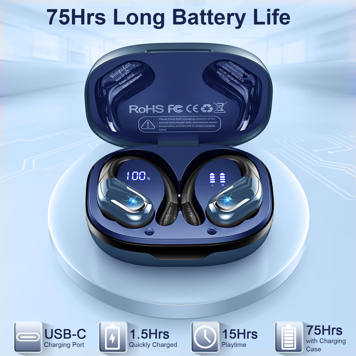 Wireless Earbuds Sports, 75Hrs Bluetooth 5.4 Headphones, Bass Hi-Fi Stereo