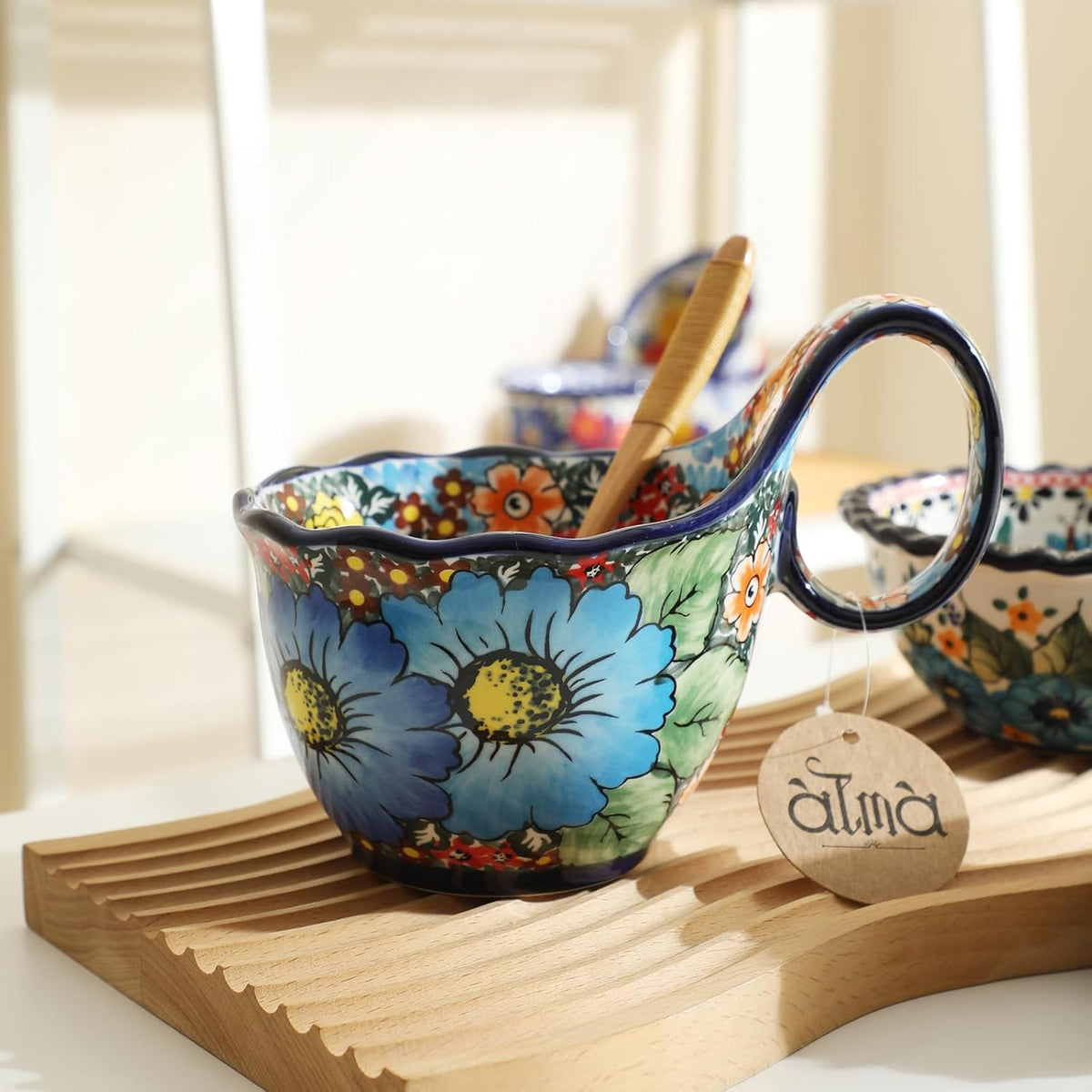 ALMA Handpainted Soup Bowl with Large Loop Handle,Easier Secure Grip